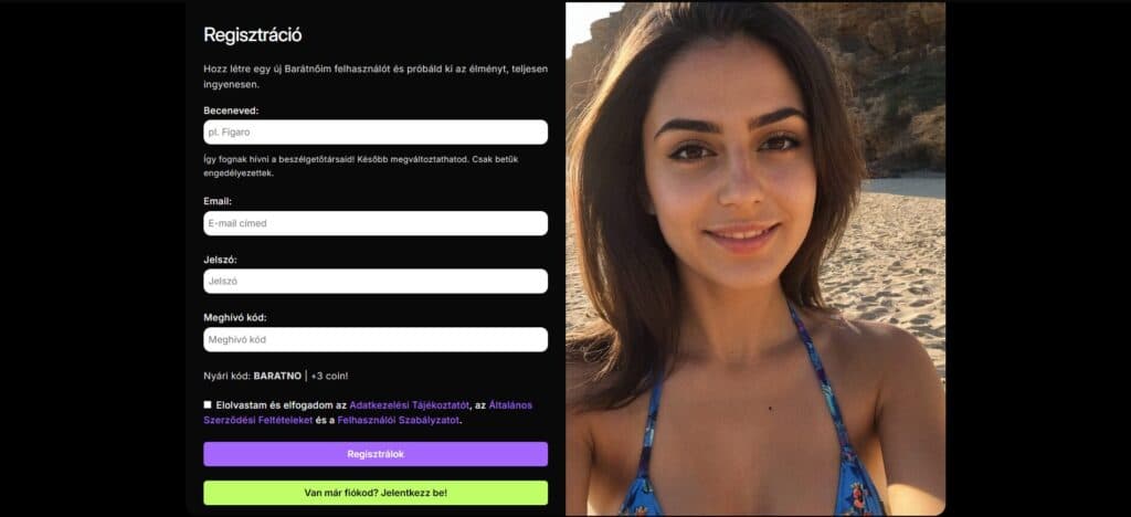 a barátnőim chat alkalmazás regisztrációs oldala